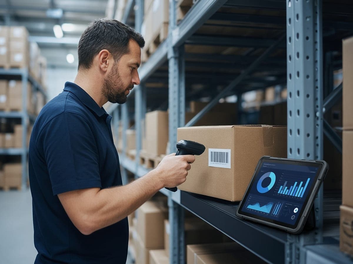 Warehouse employee scanning a barcode with a handheld terminal